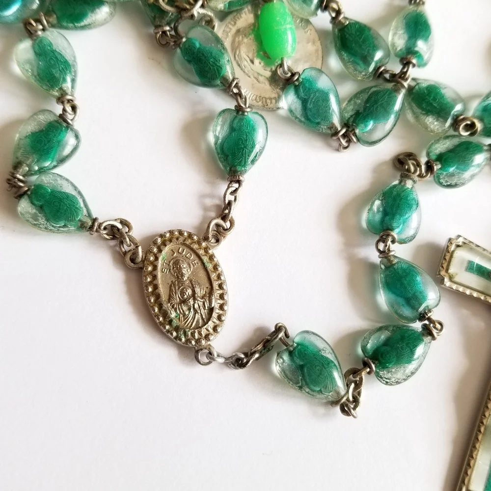Vintage Saint Jude rosary bubble bead catholic lucite green silver gold tone